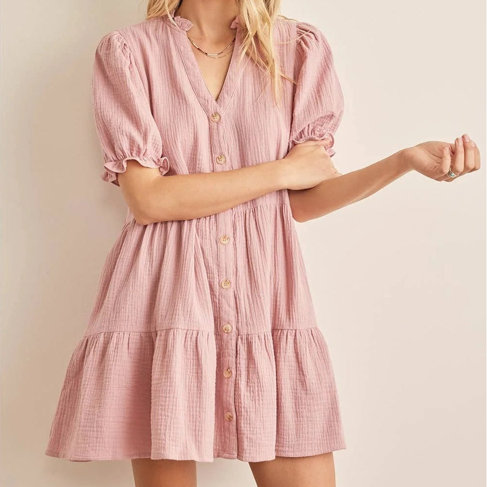 Soft Crinkle Cotton Gauze Button Down Tiered Dress