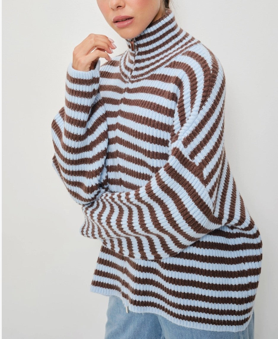 Zane Striped Mocked Neck Zip Up Jacket