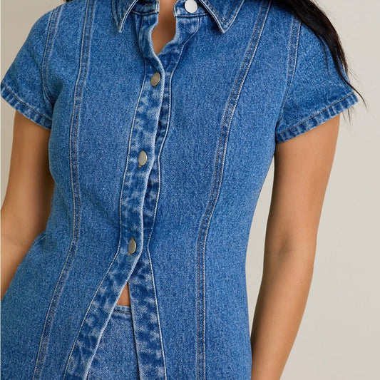 Short Sleeve Button Front Denim Top