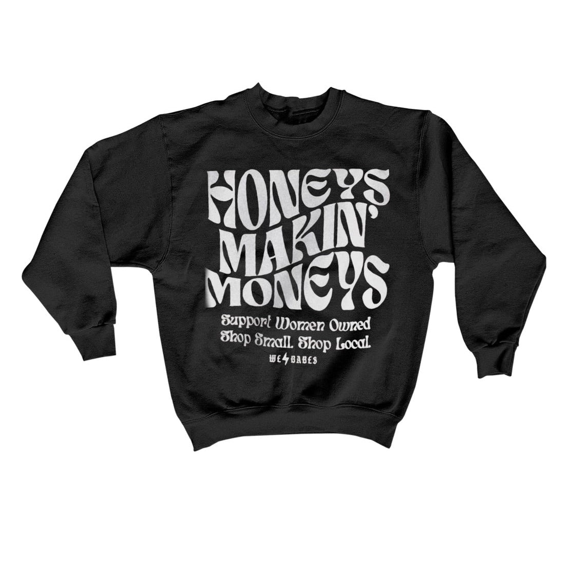 Black sweatshirt with white text on a white background