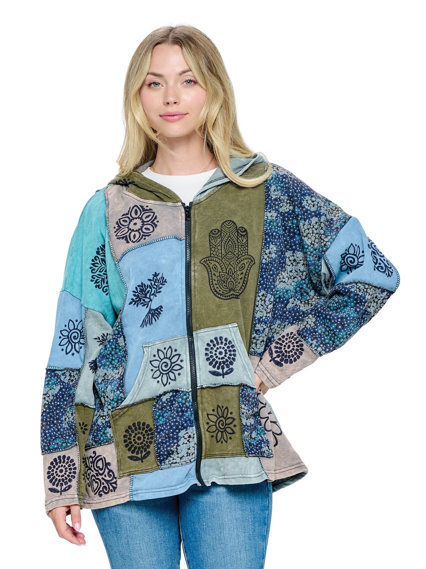 Jacket Zip-up Patchwork Hand Printed