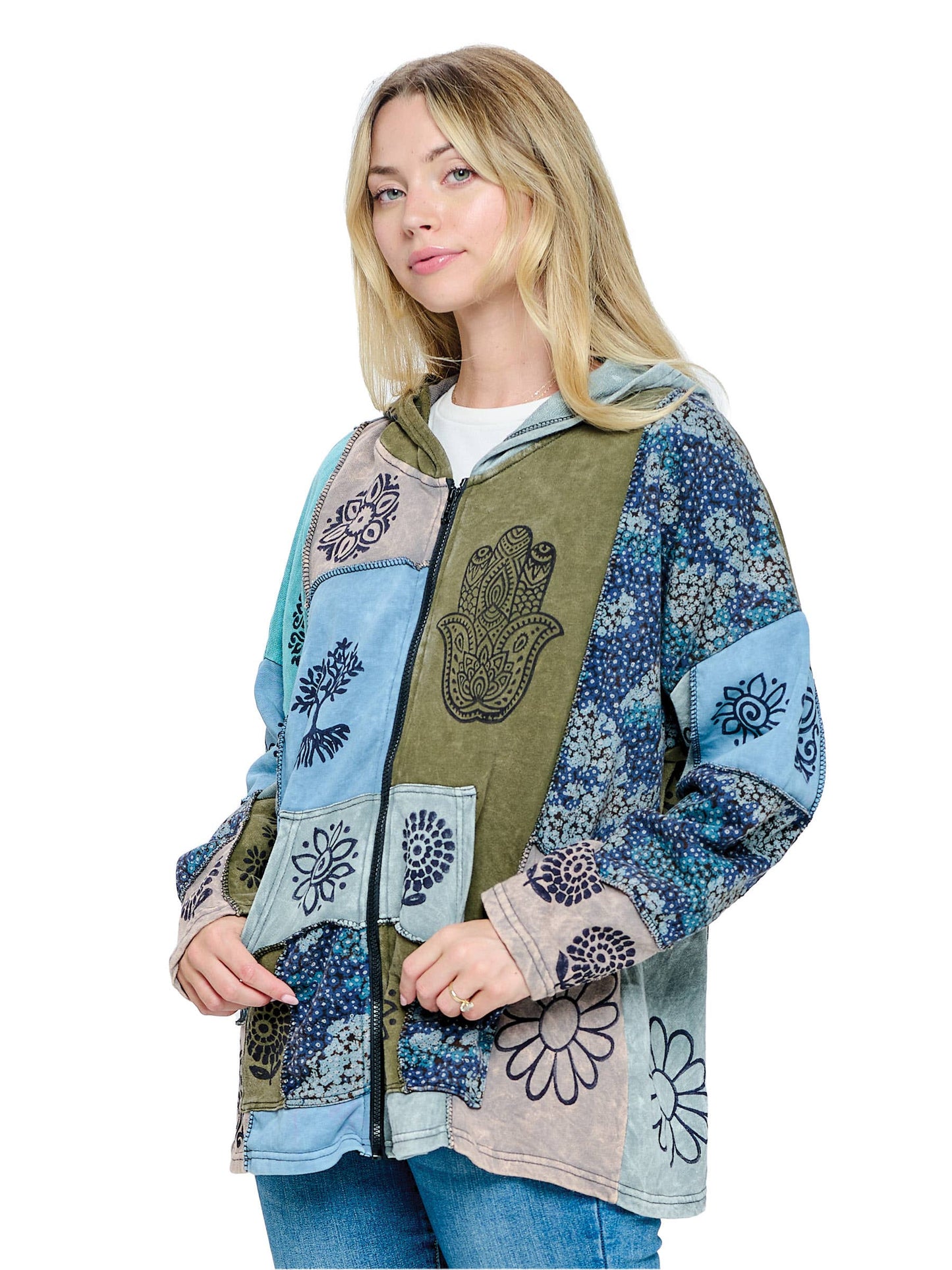 Jacket Zip-up Patchwork Hand Printed