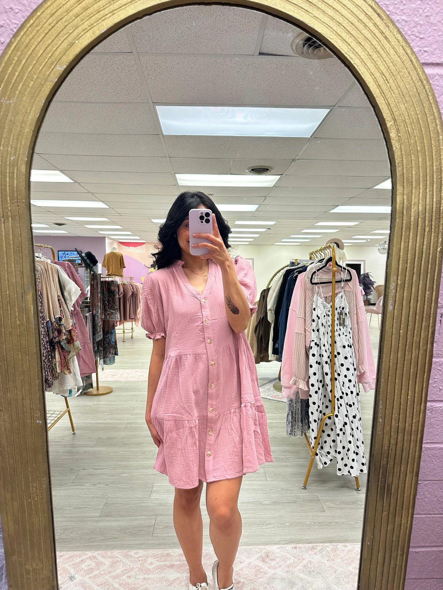Soft Crinkle Cotton Gauze Button Down Tiered Dress