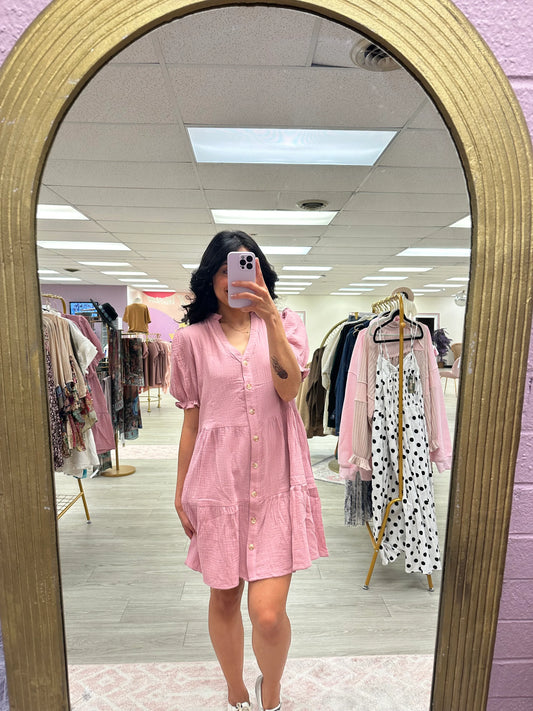 Soft Crinkle Cotton Gauze Button Down Tiered Dress