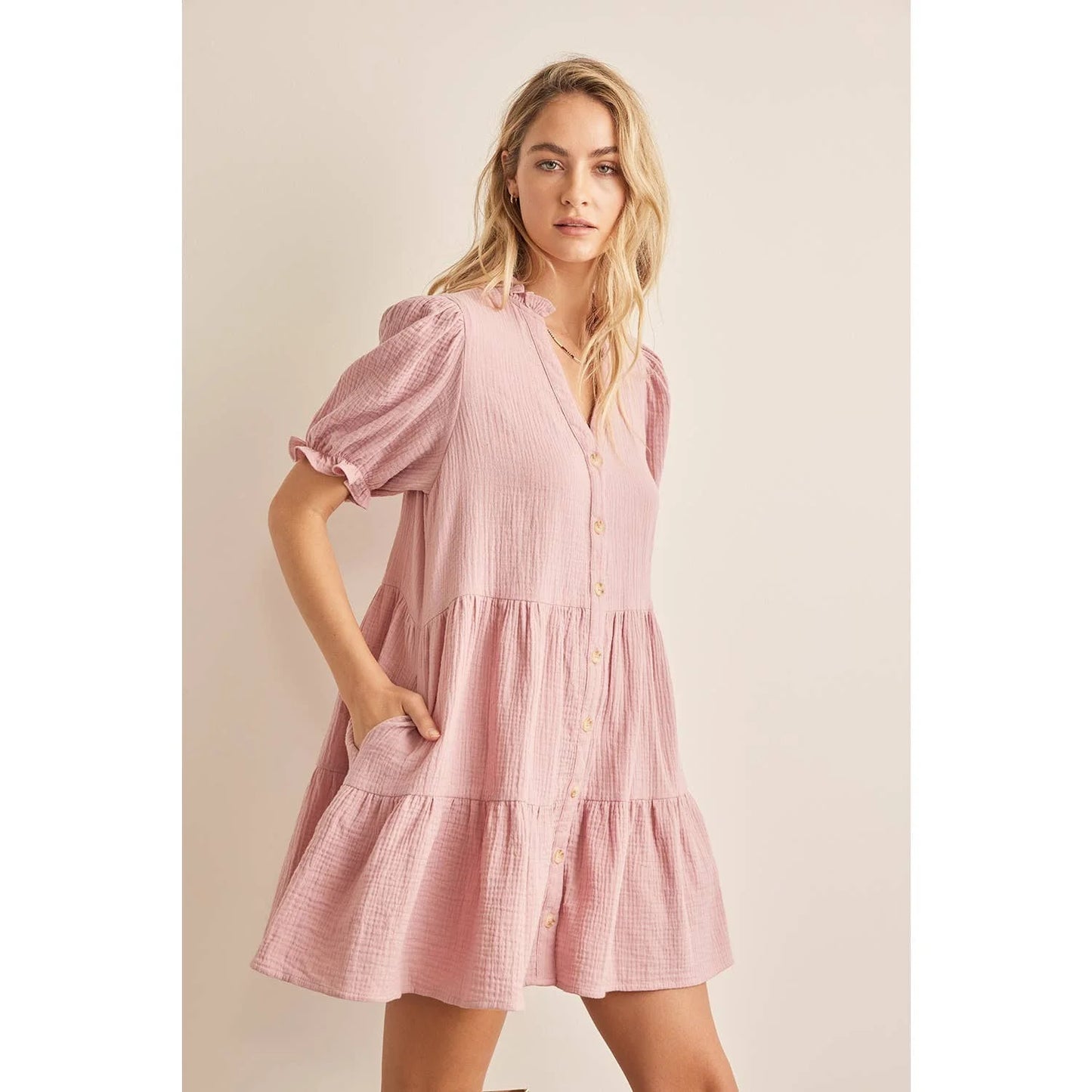 Soft Crinkle Cotton Gauze Button Down Tiered Dress