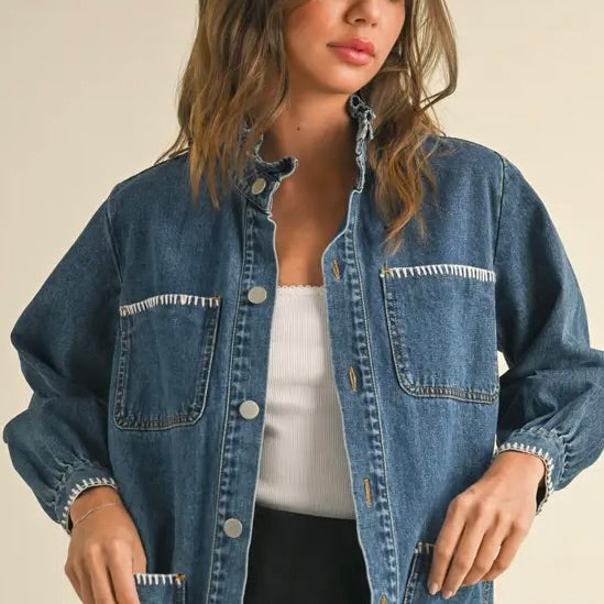 Stich Detail Ruffle Denim Jacket