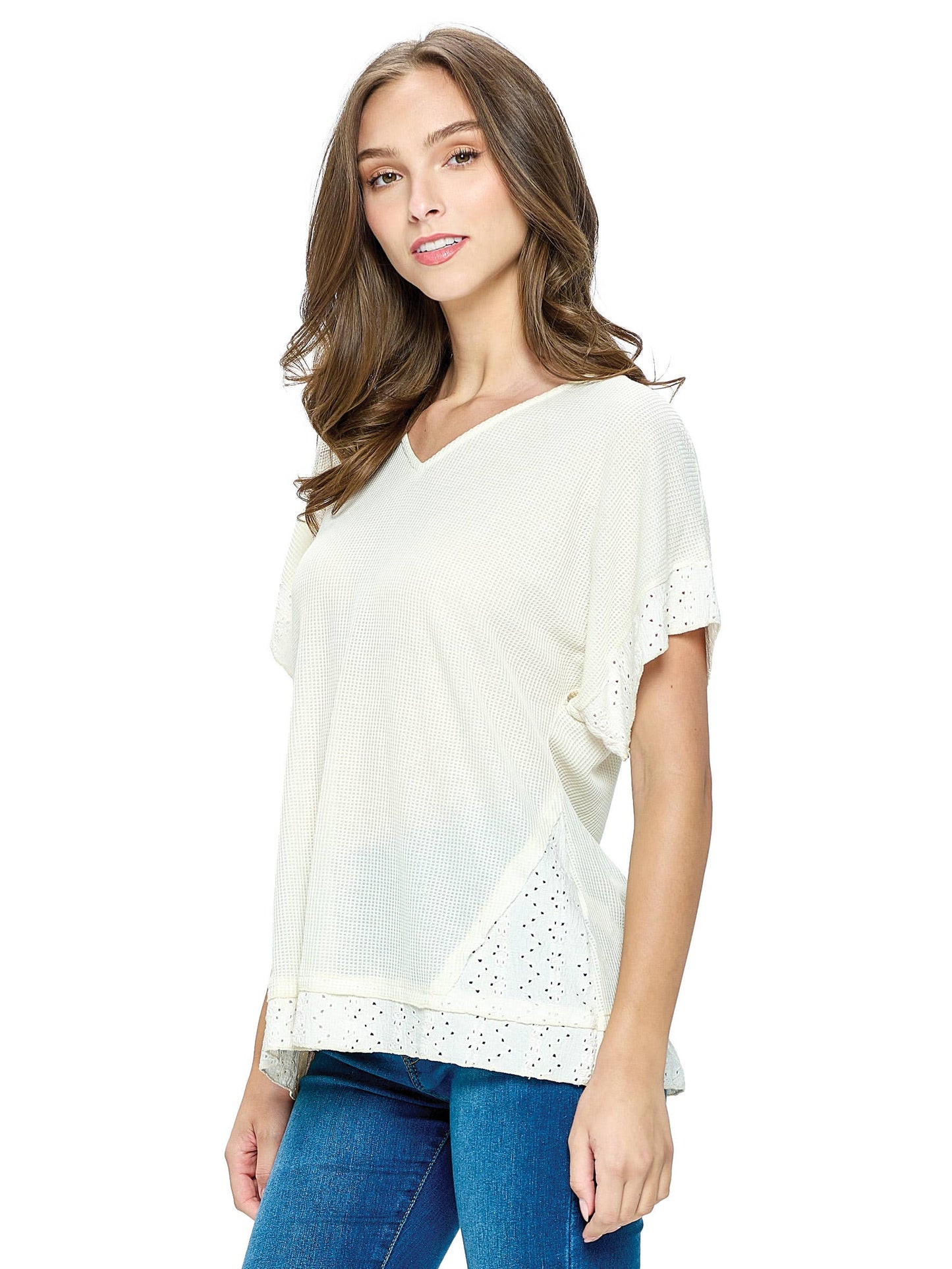 Top Waffle Knit Eyelet Applique