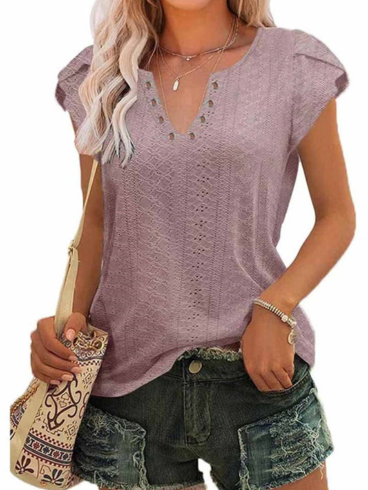 V Neck Punching Lace Tulip Sleeve Tee