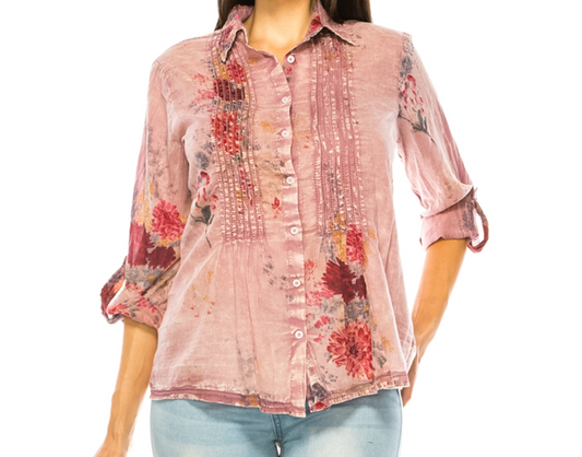 Vintage Floral Pink Shirt with Lace Inserts and Pin Tucks