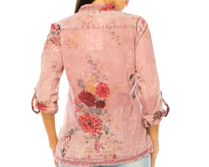 Vintage Floral Pink Shirt with Lace Inserts and Pin Tucks