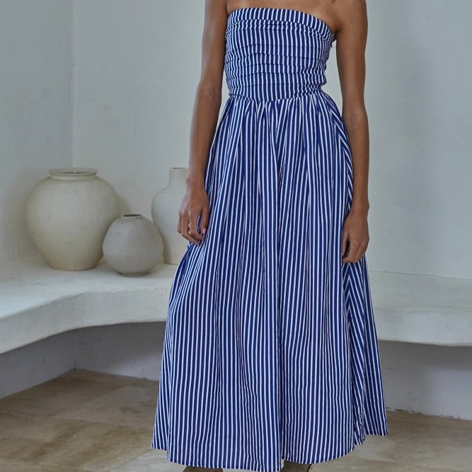 Stripped Strapless Flare Maxi Dress