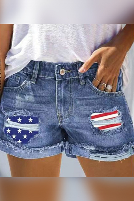 Us Flag Independence Day Patchwork Ripped Denim Shorts
