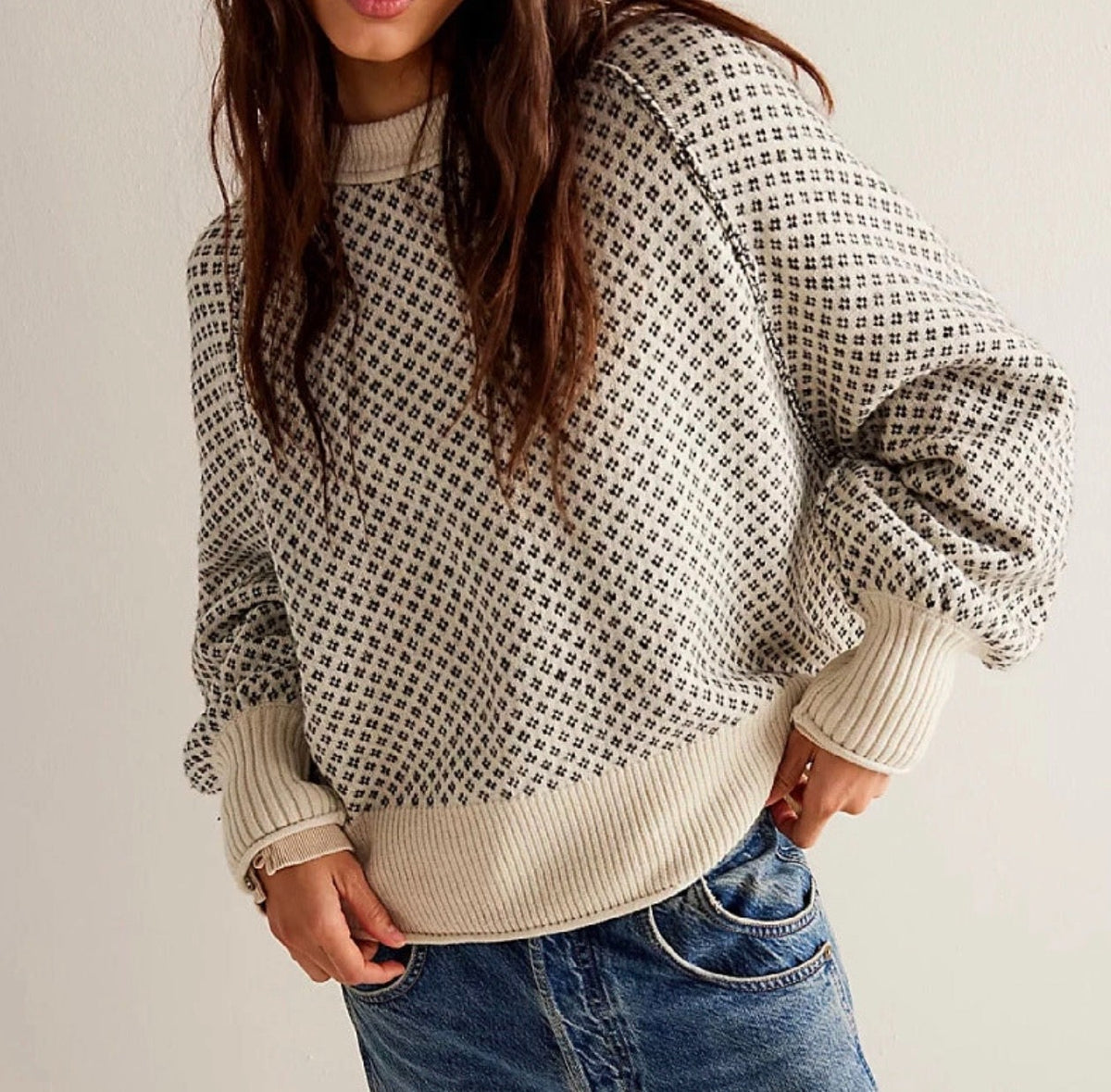 Jacquard Round Neck Pullover Sweater