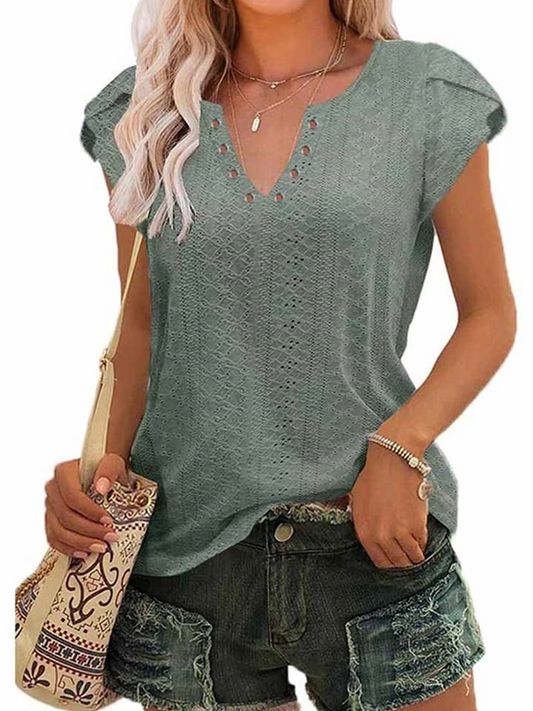 V Neck Punching Lace Tulip Sleeve Tee