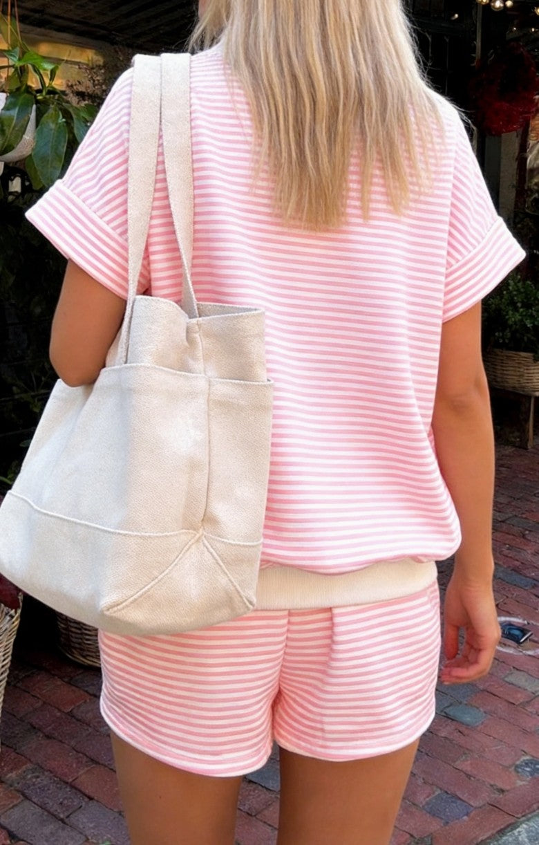 Short Sleeve Pink Mock Neck Set