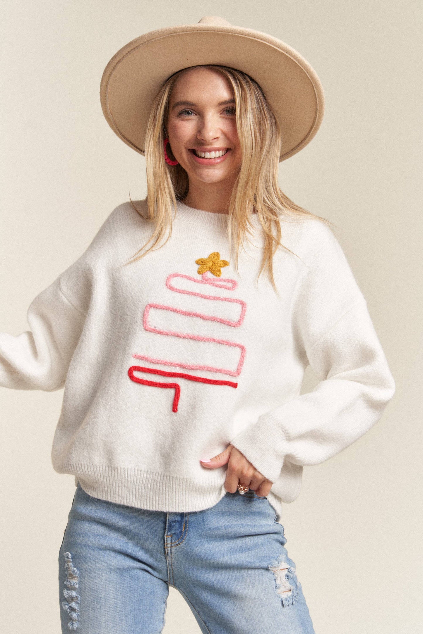 Christmas Tree Accent Sweater (White)