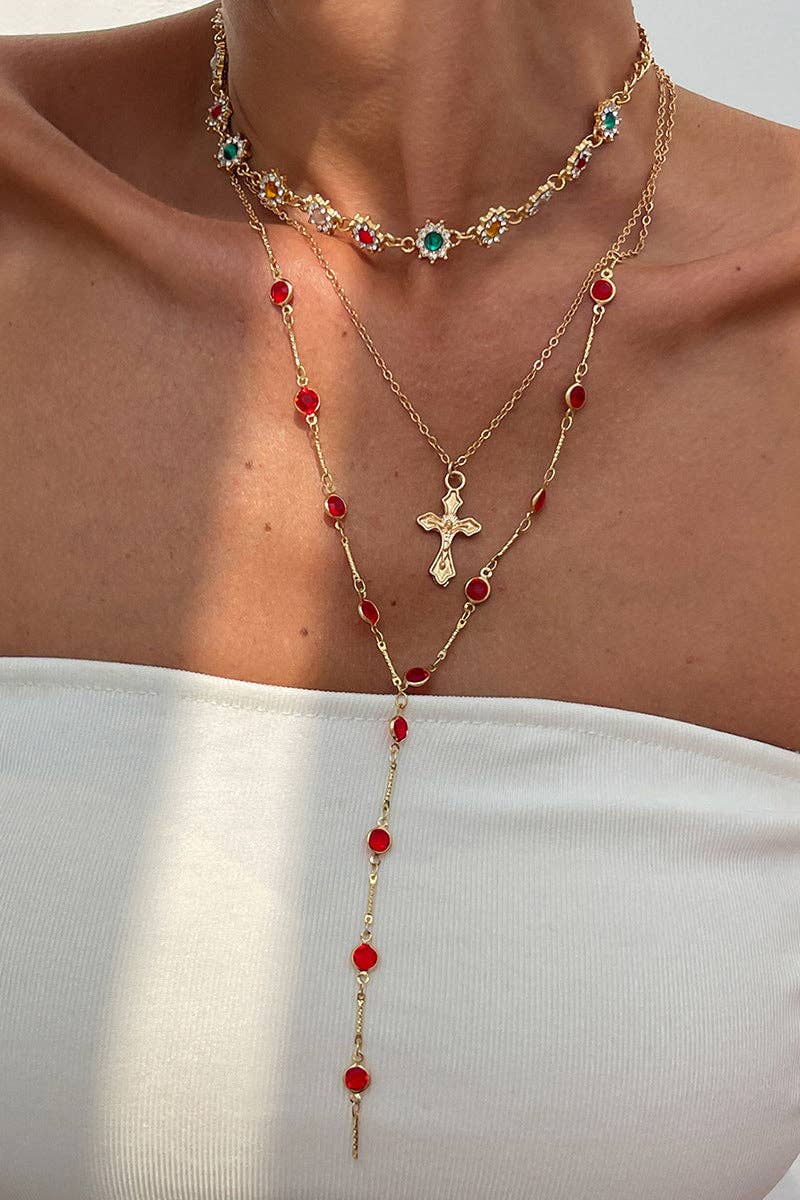 Layered Cross Pendant Necklace, red