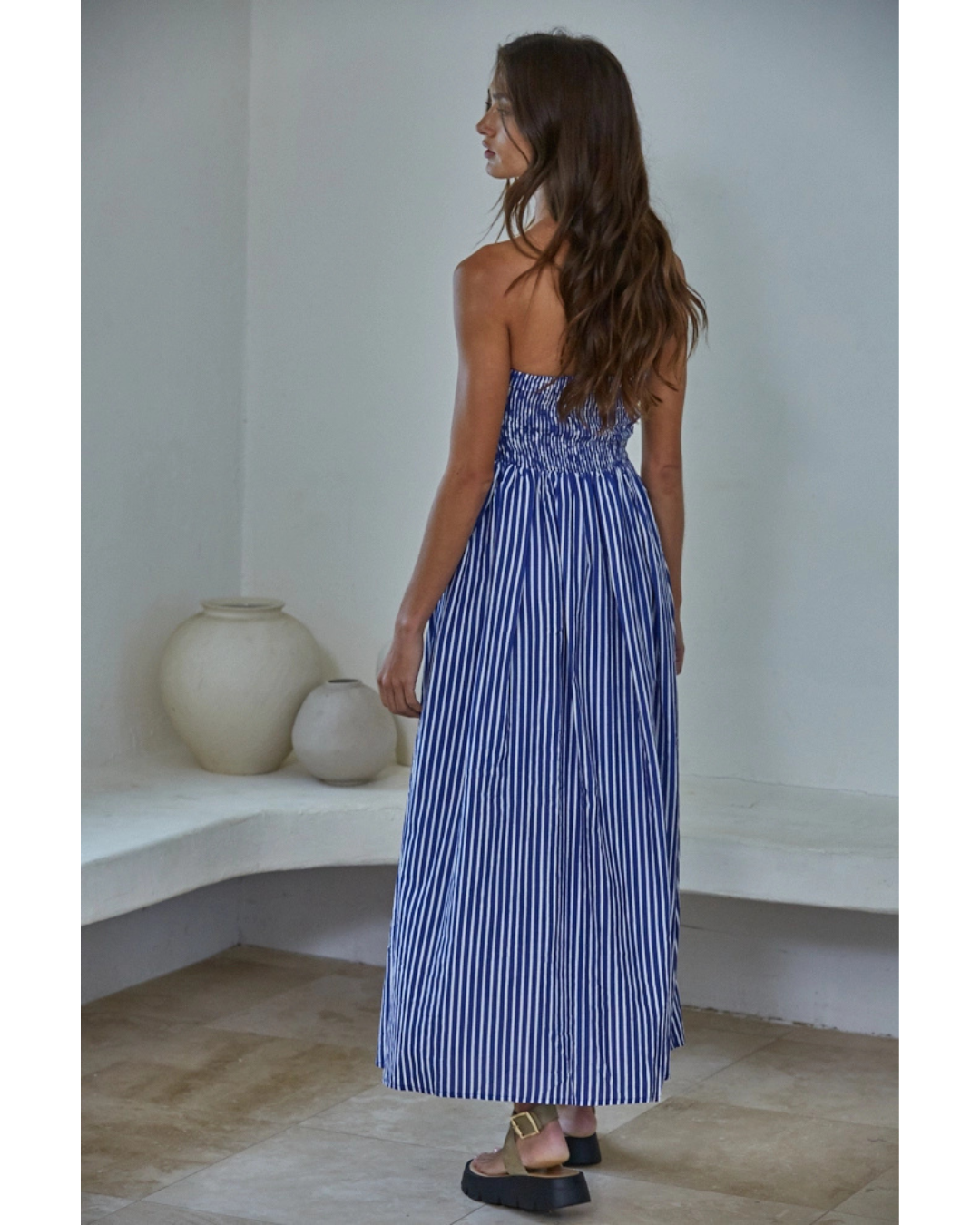 Stripped Strapless Flare Maxi Dress