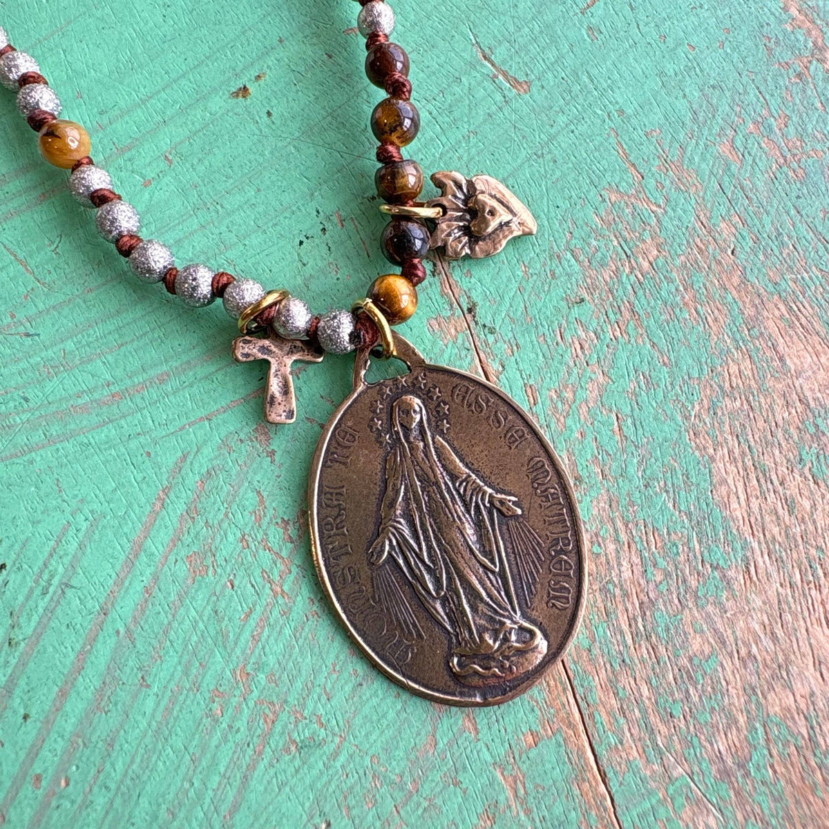 3 Medal Knotted Tiger Eye and Silver Beaded Necklace