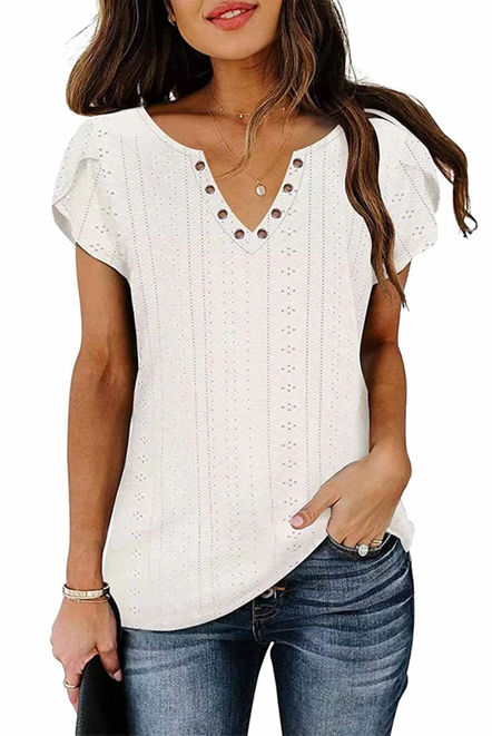 V Neck Punching Lace Tulip Sleeve Tee