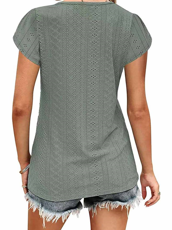 V Neck Punching Lace Tulip Sleeve Tee
