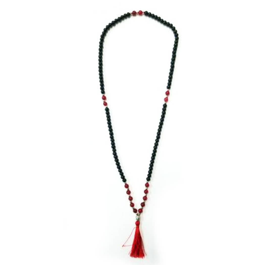 Wooden Beaded Mala Necklace with Onyx