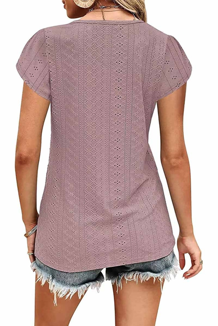 V Neck Punching Lace Tulip Sleeve Tee