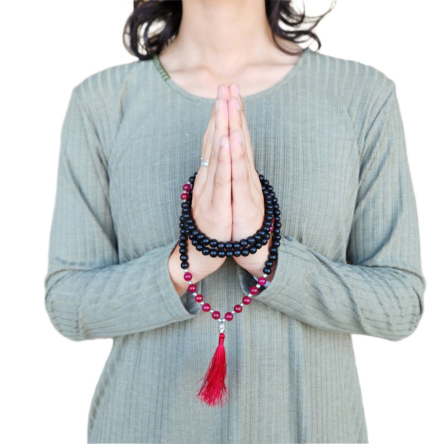 Wooden Beaded Mala Necklace with Onyx