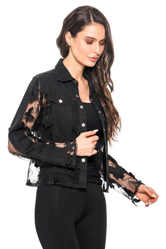 Sheer Lace Appliqué Denim Jacket – Black Butterfly