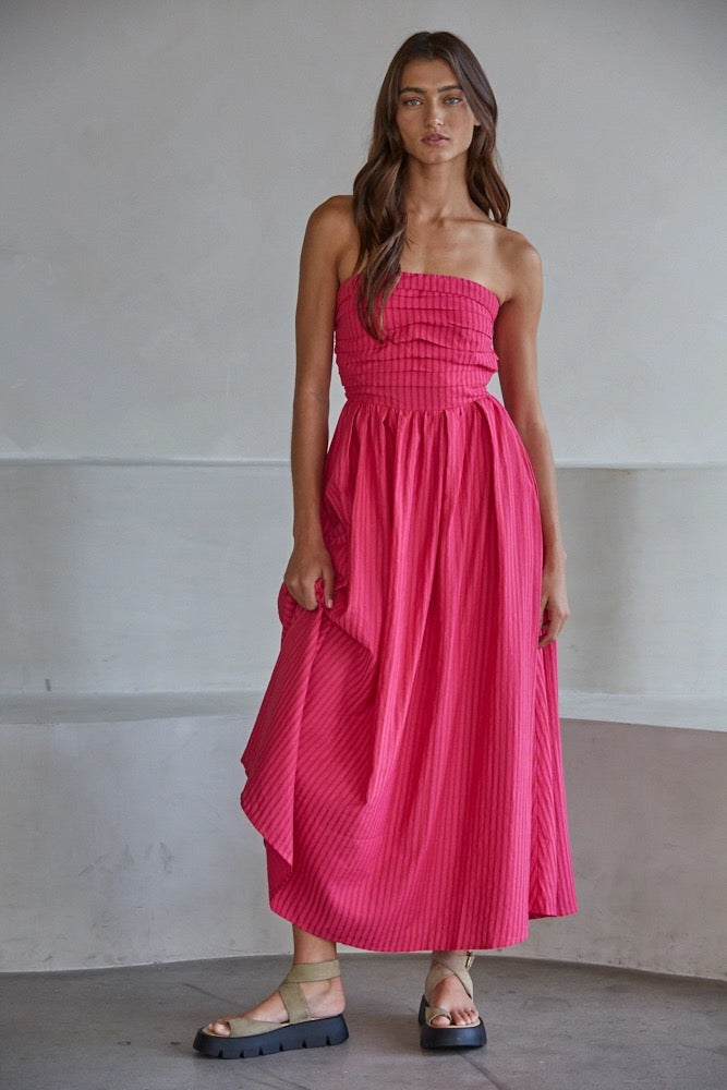 Stripped Strapless Flare Maxi Dress