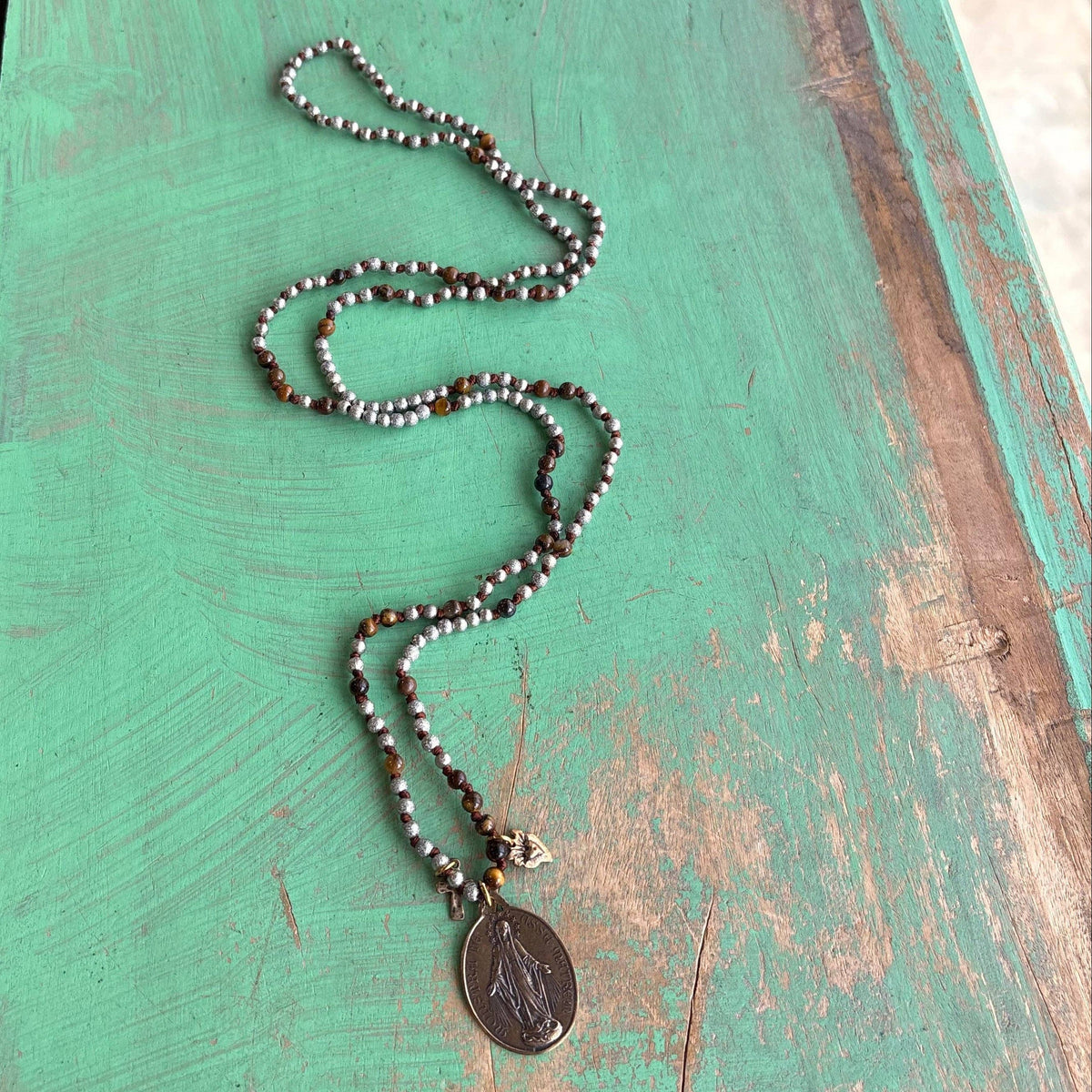 3 Medal Knotted Tiger Eye and Silver Beaded Necklace