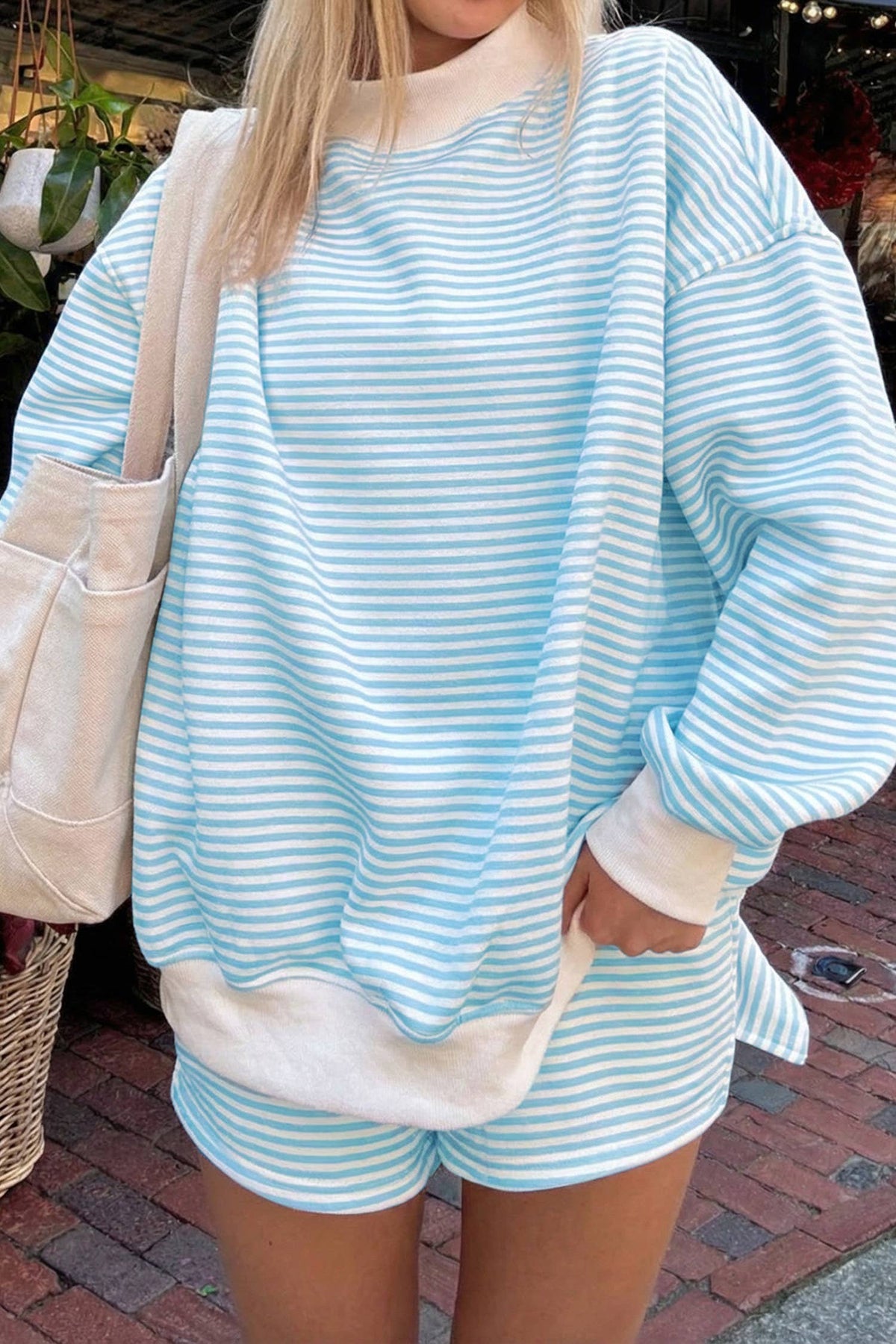 Stripped Mock Neck Sweater and Shorts Set