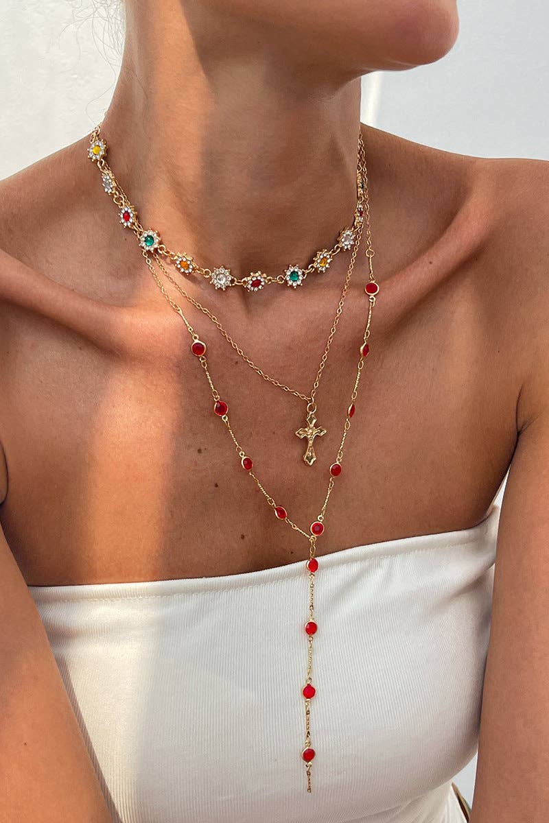 Layered Cross Pendant Necklace, red