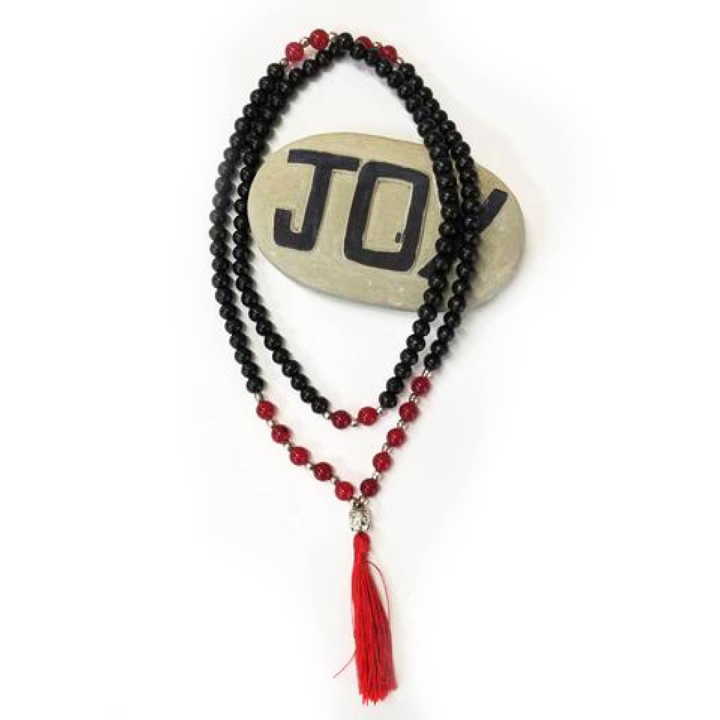 Wooden Beaded Mala Necklace with Onyx