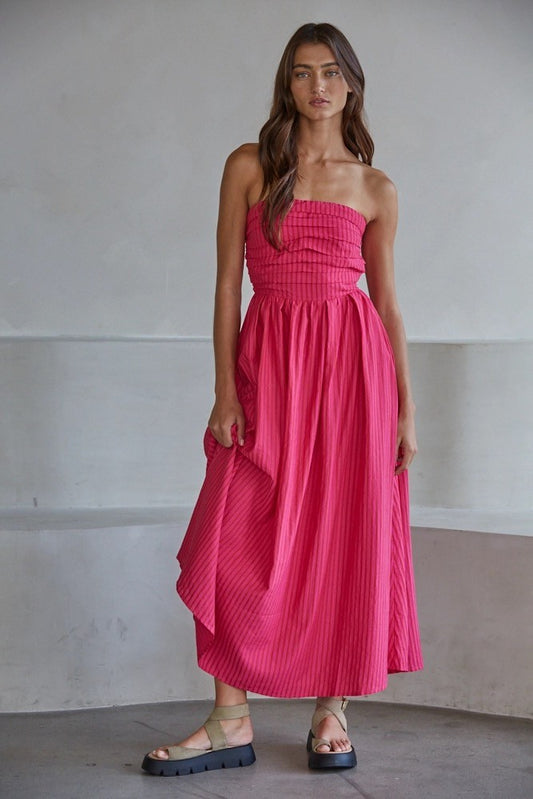 Stripped Strapless Flare Maxi Dress