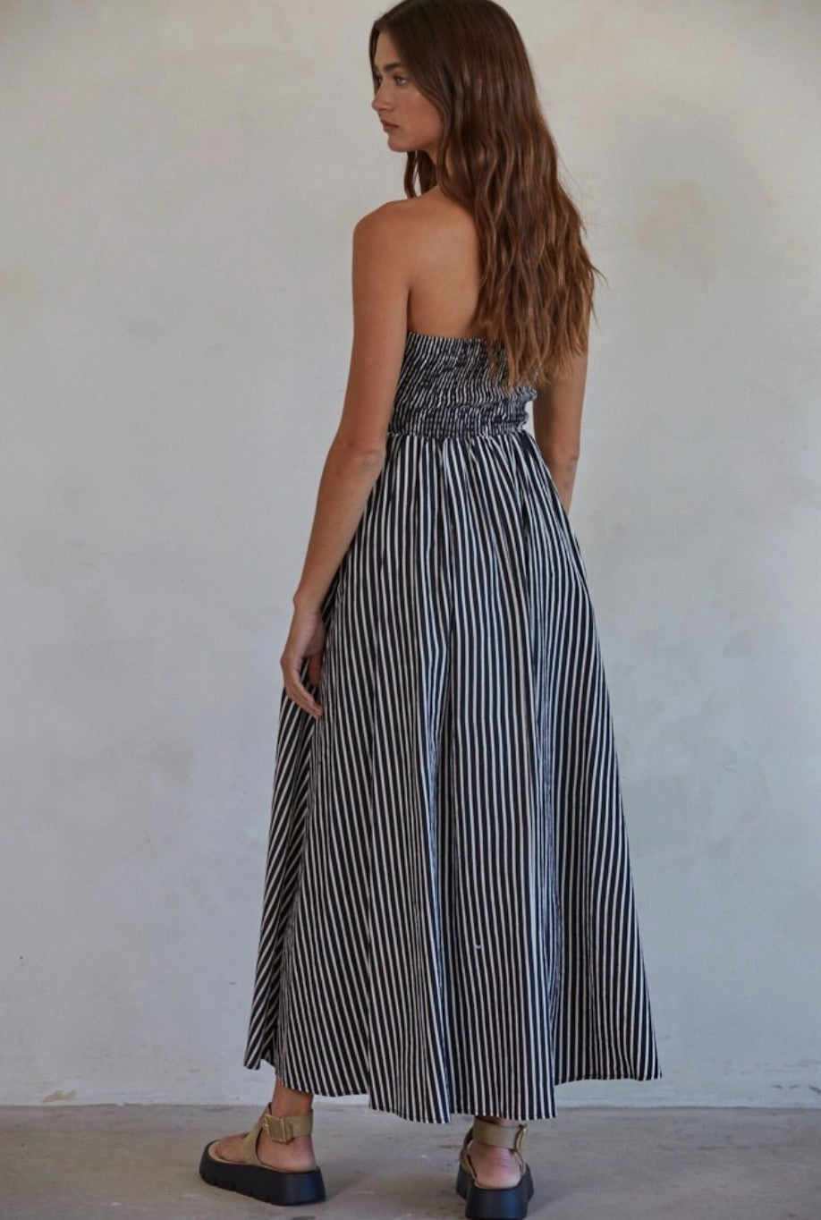 Stripped Strapless Flare Maxi Dress