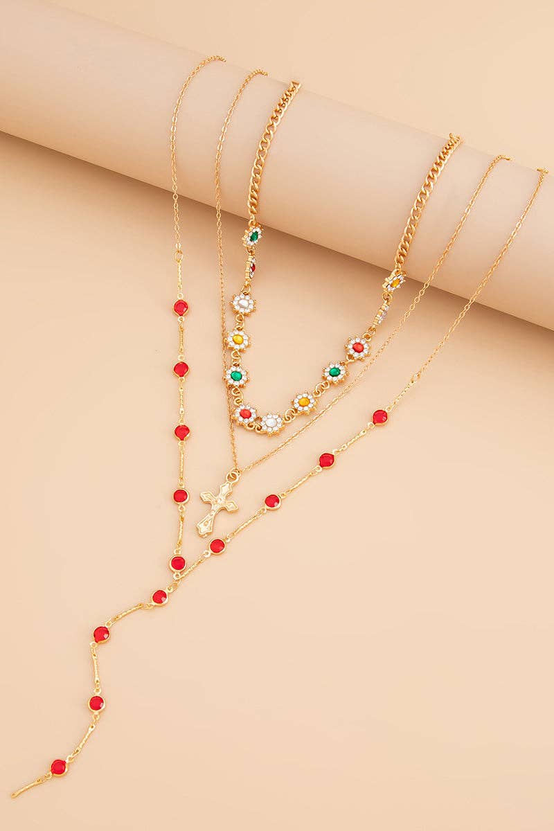 Layered Cross Pendant Necklace, red
