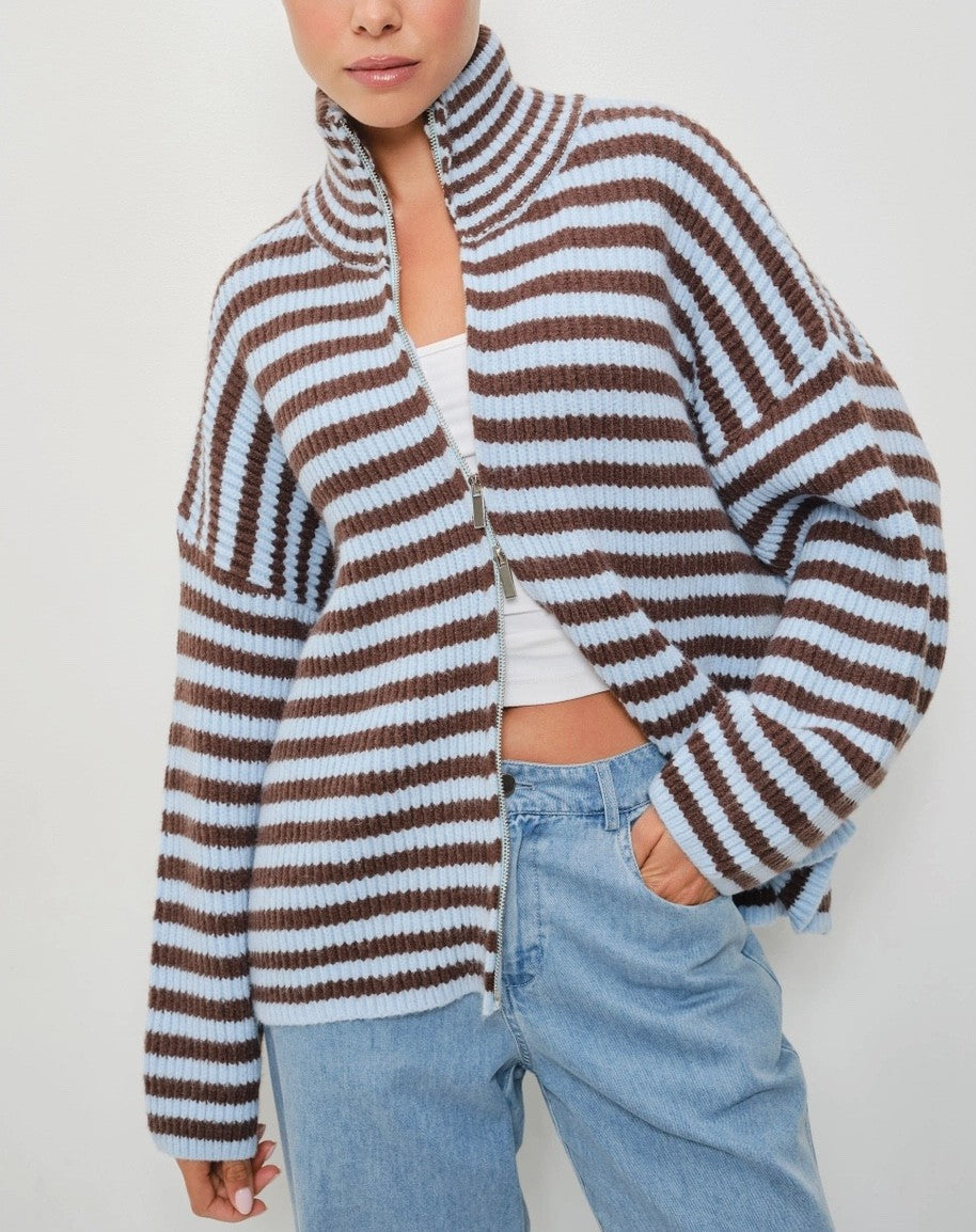 Zane Striped Mocked Neck Zip Up Jacket