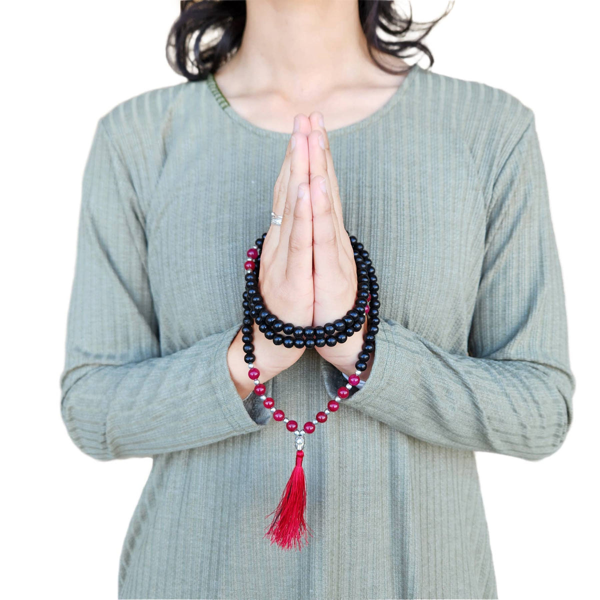 Wooden Beaded Mala Necklace with Onyx
