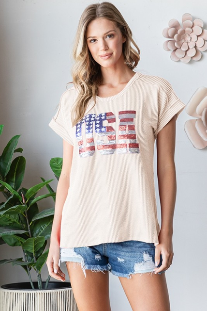 Urban Ribb Top with USA Sequins Patch