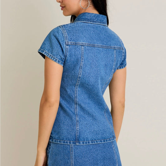 Short Sleeve Button Front Denim Top
