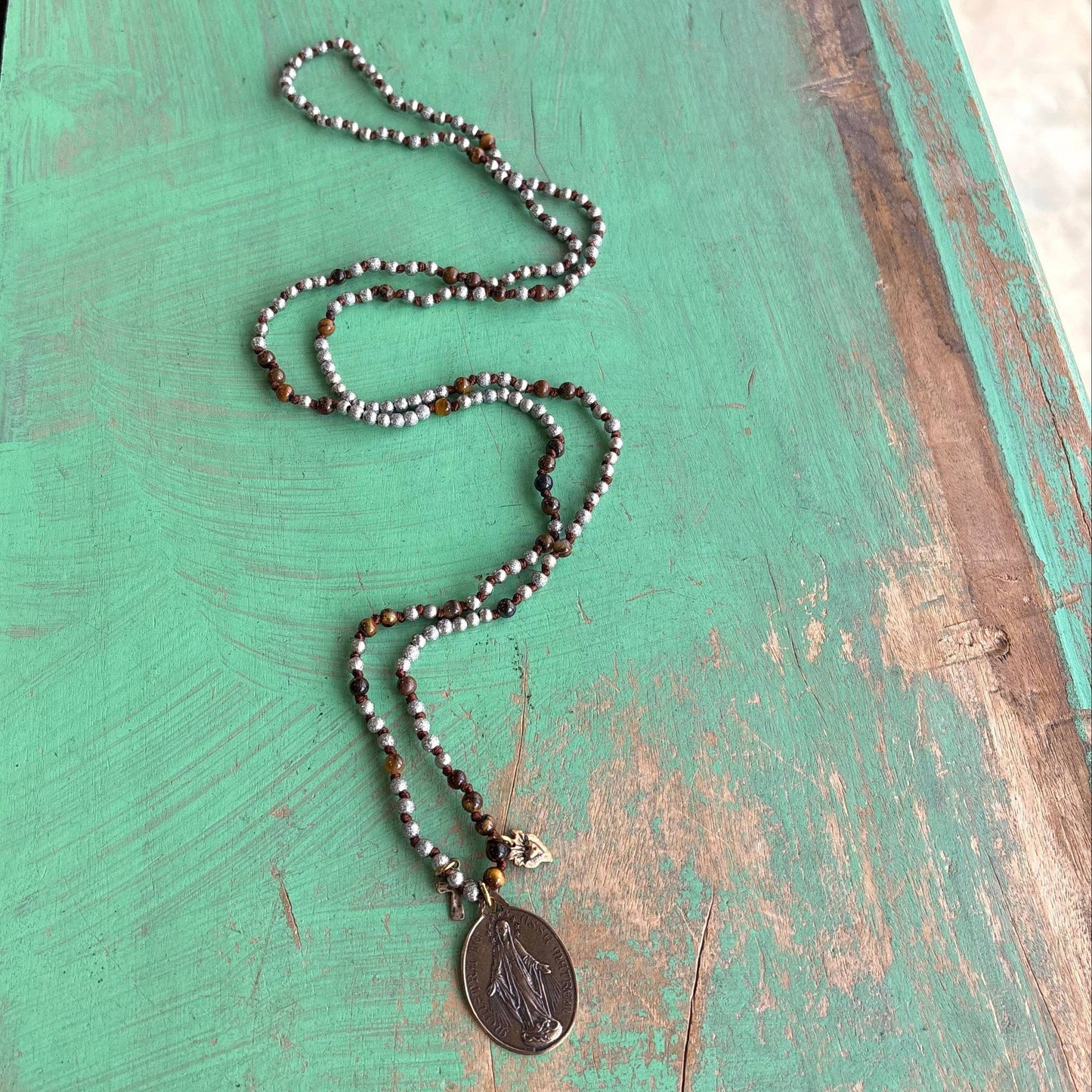 3 Medal Knotted Tiger Eye and Silver Beaded Necklace