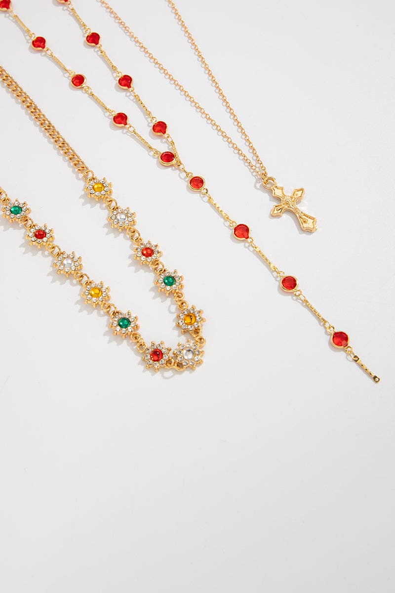 Layered Cross Pendant Necklace, red