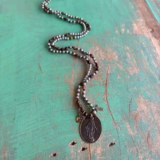 3 Medal Knotted Tiger Eye and Silver Beaded Necklace