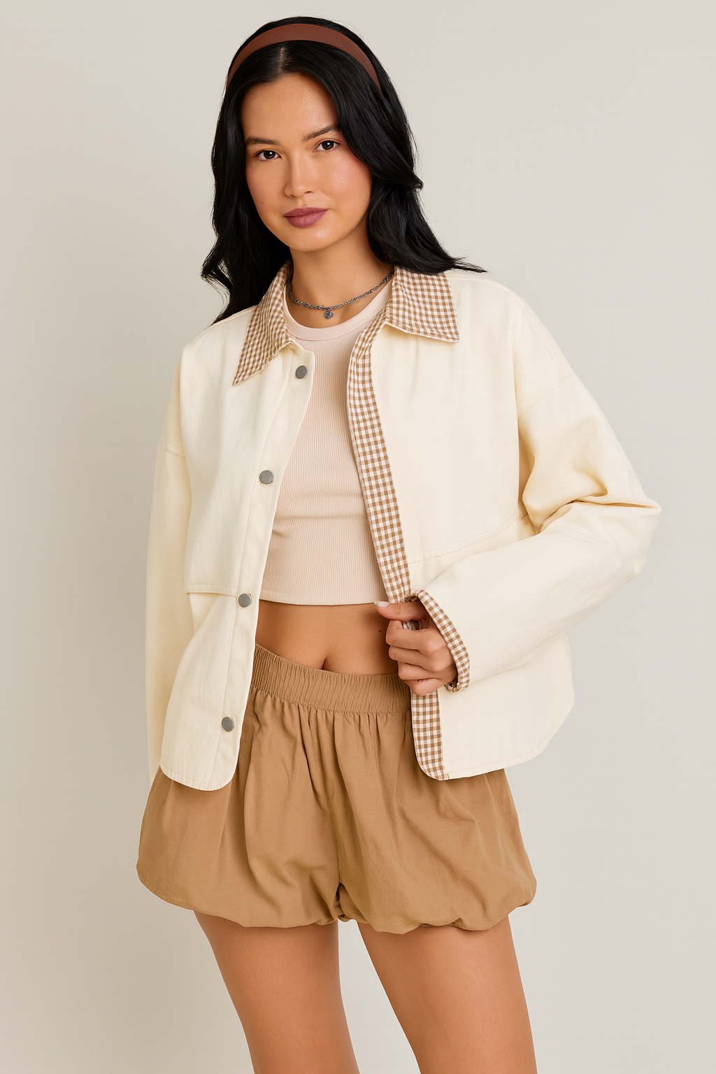 Shacket with Gingham Contrast