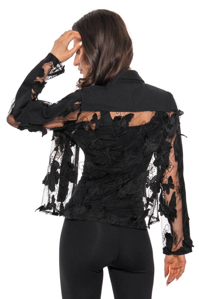 Sheer Lace Appliqué Denim Jacket – Black Butterfly
