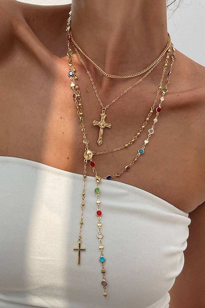 Layered Cross Pendant Necklace, multicolor