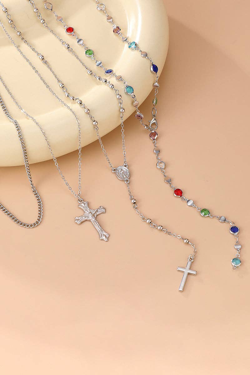 Layered Cross Pendant Necklace, multicolor