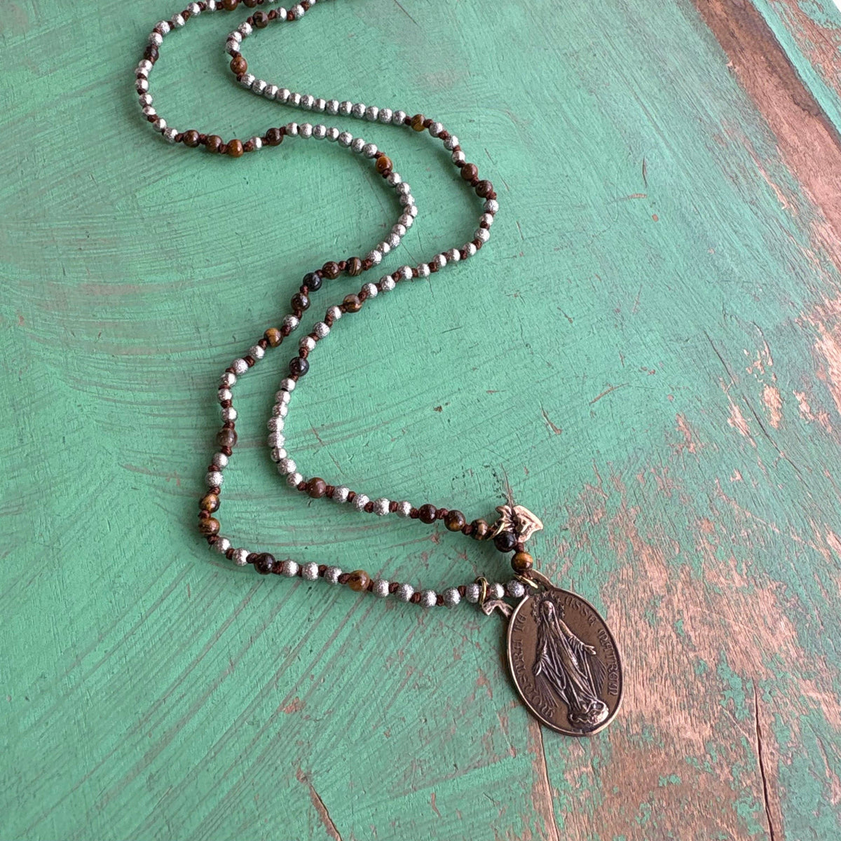 3 Medal Knotted Tiger Eye and Silver Beaded Necklace