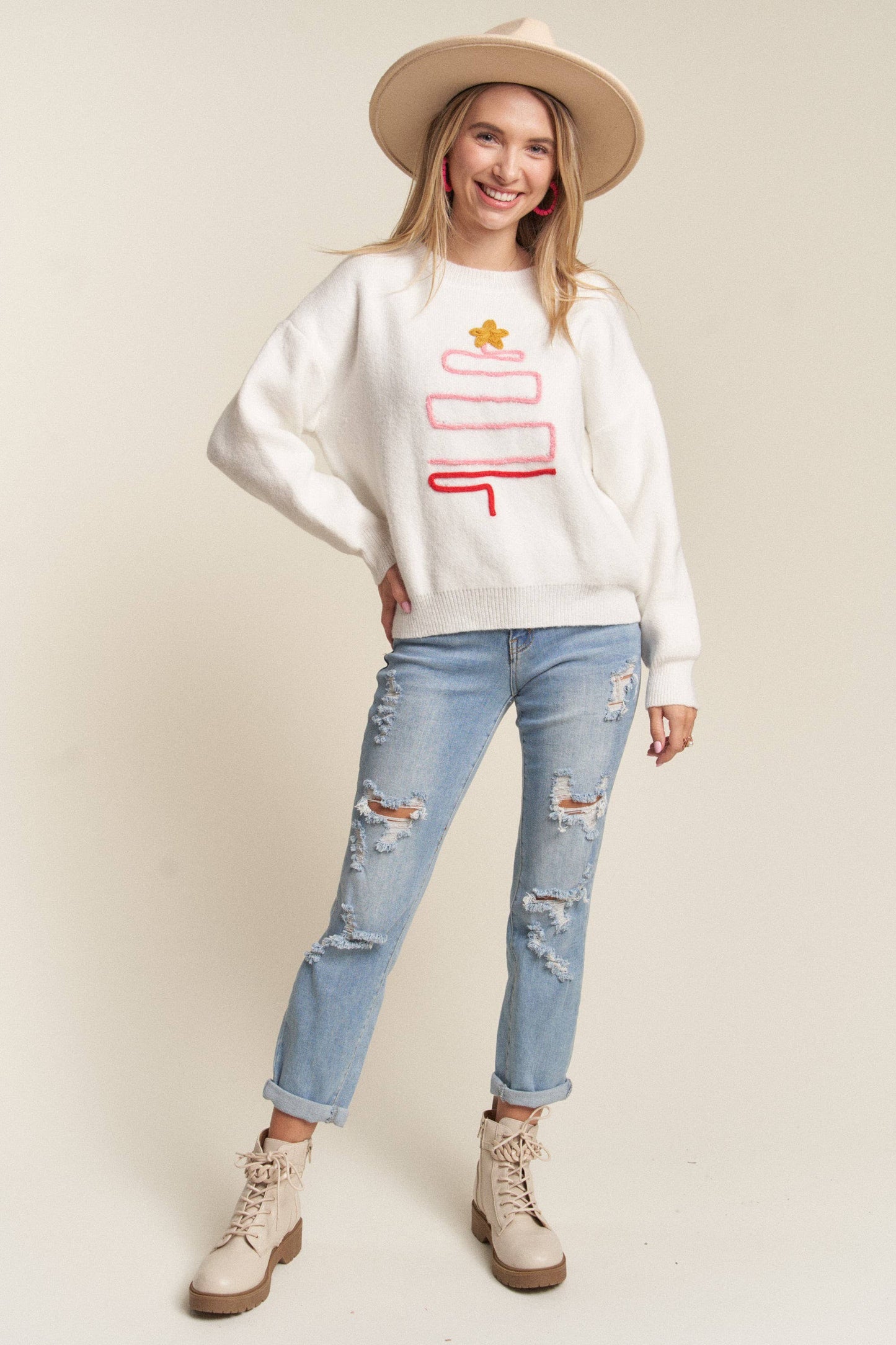 Christmas Tree Accent Sweater (White)